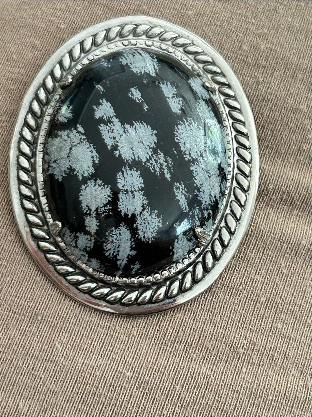 Snowflake Obsidian Oval Silver-Tone Brooch - Black and Gray